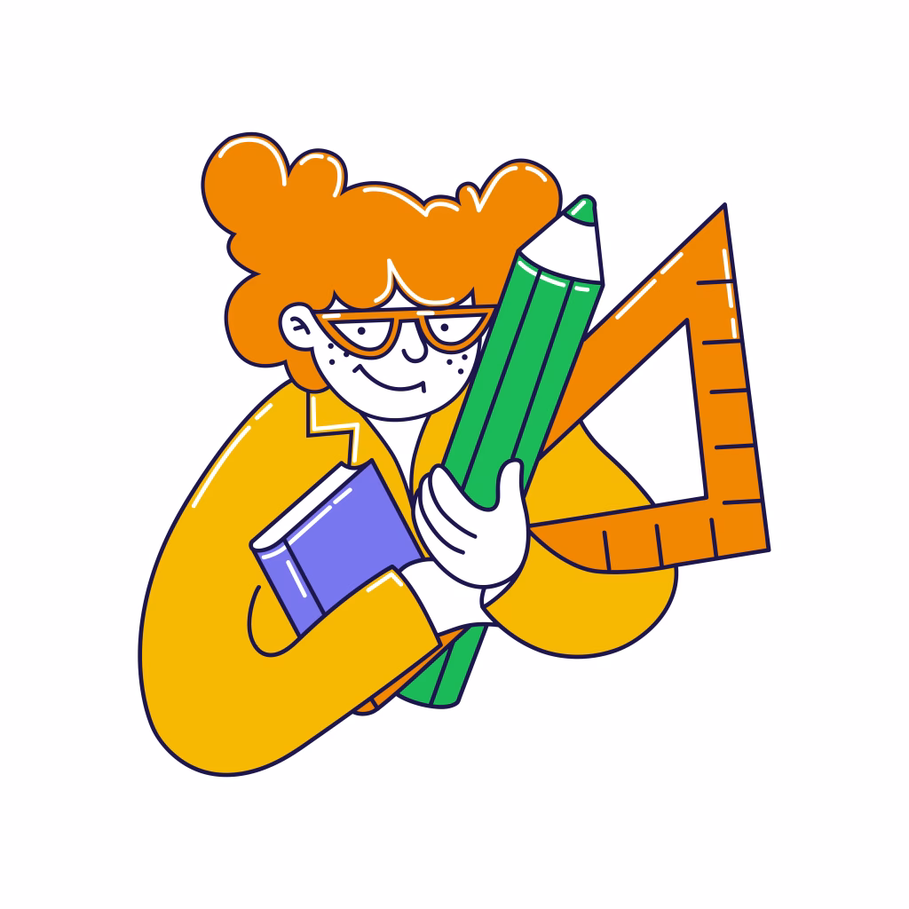 Cetvel ve kitap tasiyan çizgi çocuk illustrasyonu